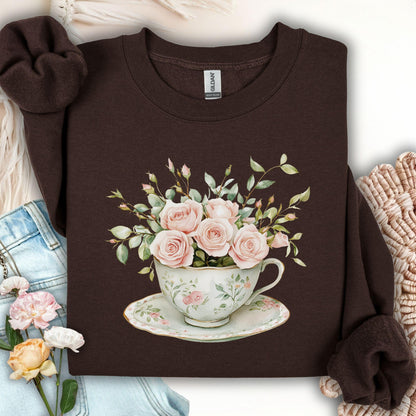Dark chocolate Gildan sweatshirt with a vintage rose bouquet in a teacup graphic.