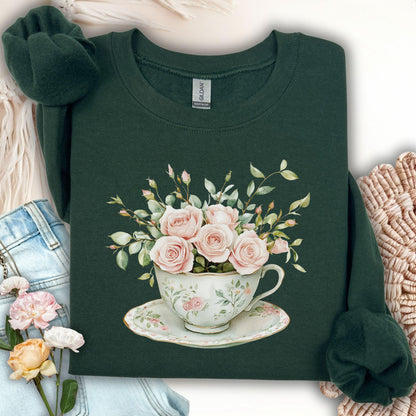 Forest Green sweatshirt with a vintage rose bouquet in a teacup design.