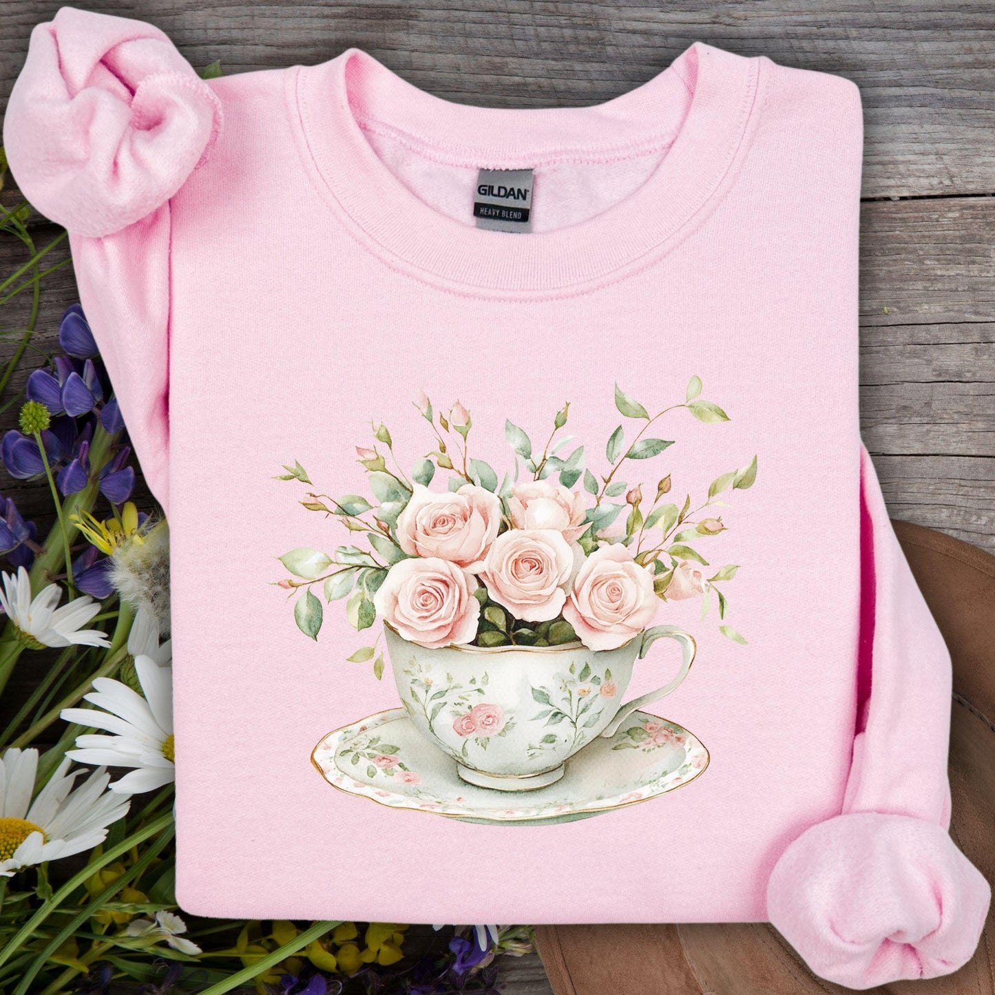 Light pink Gildan sweatshirt with a vintage rose bouquet in a teacup design.