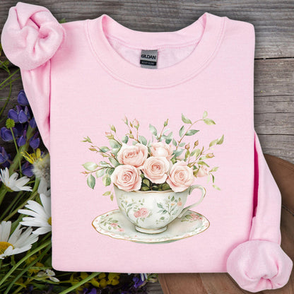 Light pink Gildan sweatshirt with a vintage rose bouquet in a teacup design.