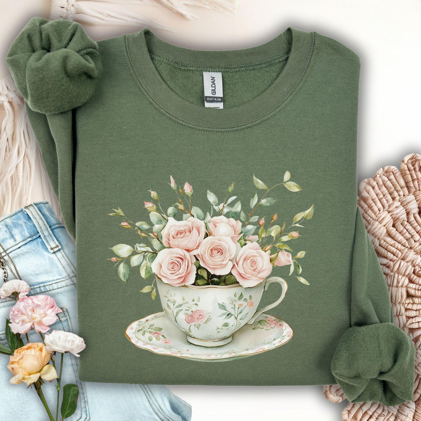 Military green sweatshirt with a vintage rose bouquet in a teacup design.
