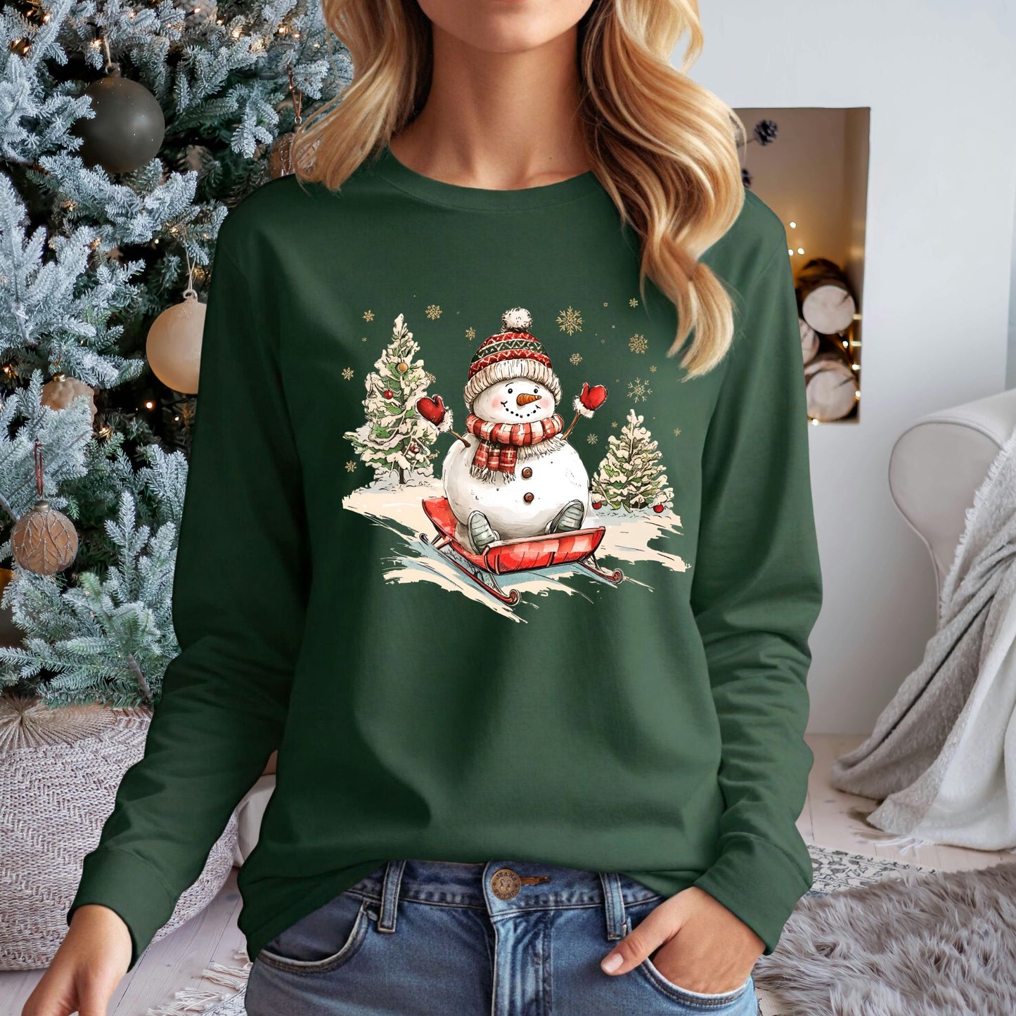 Vintage Sledding Snowman Long Sleeve Tee