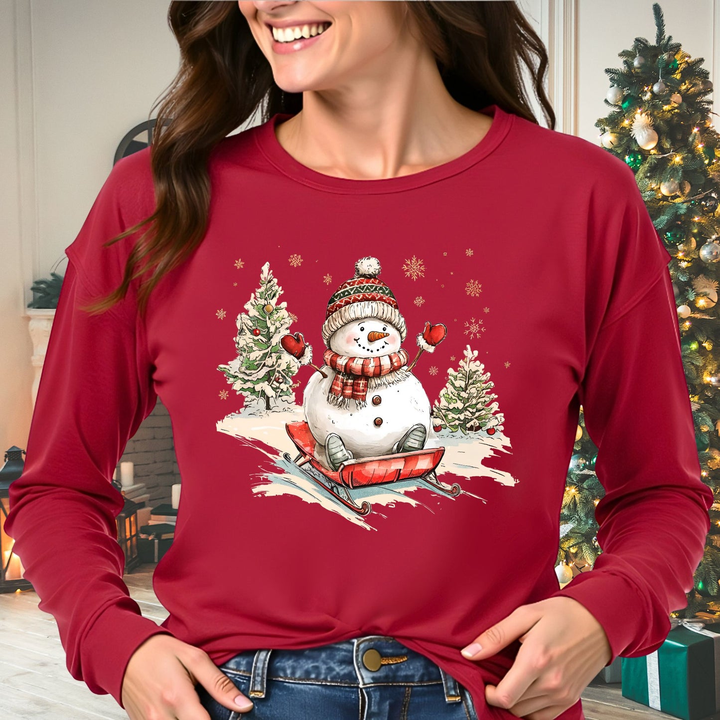 Vintage Sledding Snowman Long Sleeve Tee