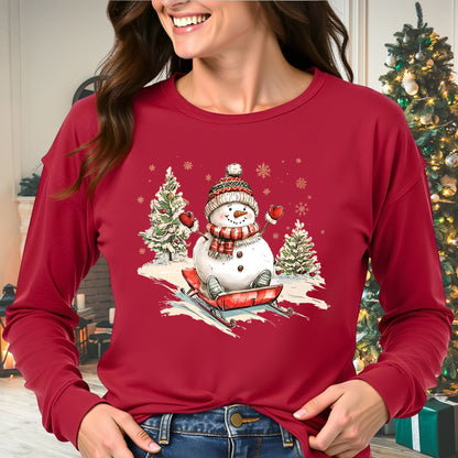 Vintage Sledding Snowman Long Sleeve Tee