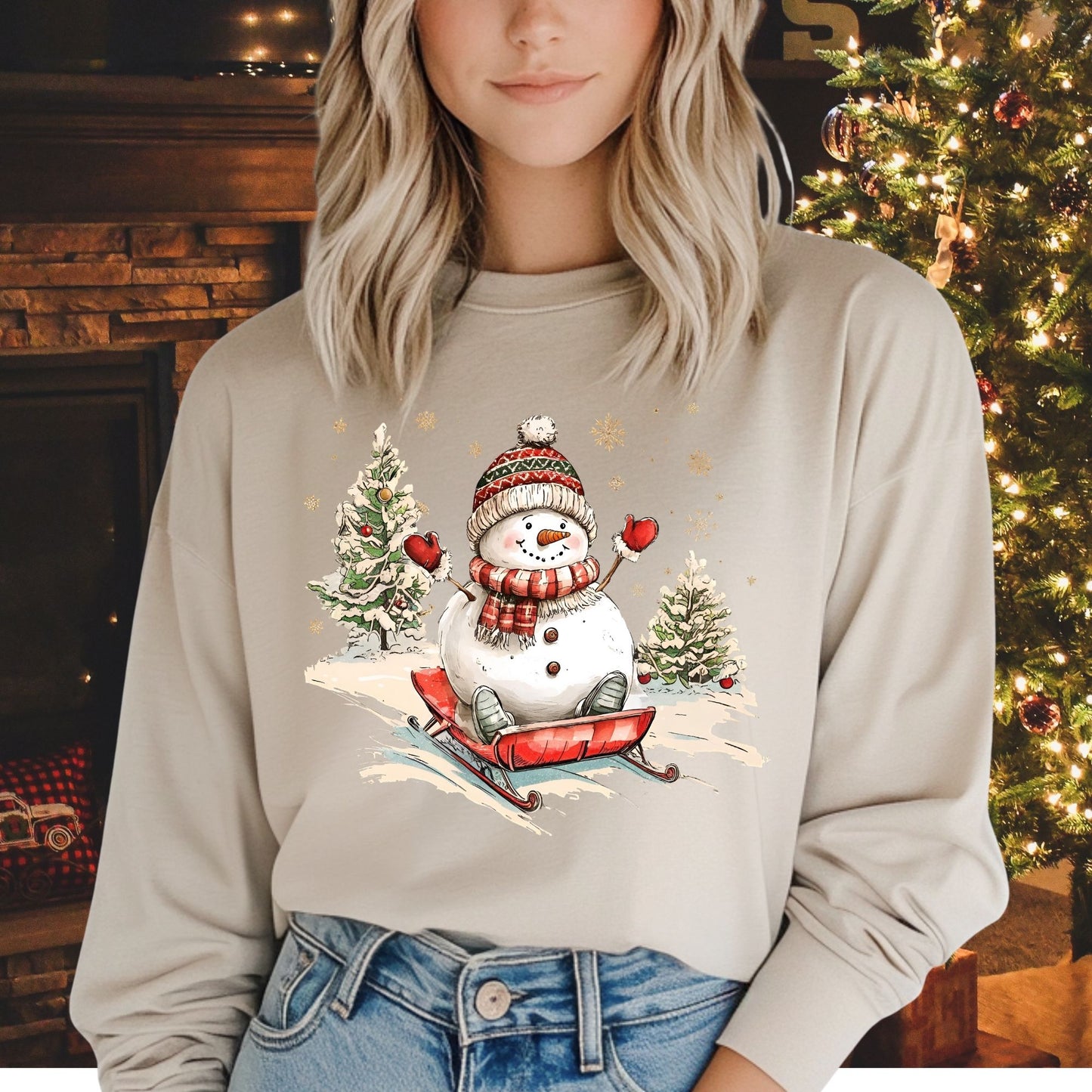 Vintage Sledding Snowman Long Sleeve Tee