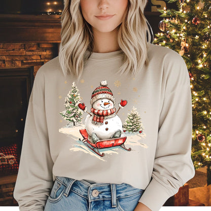 Vintage Sledding Snowman Long Sleeve Tee