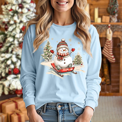 Vintage Sledding Snowman Long Sleeve Tee