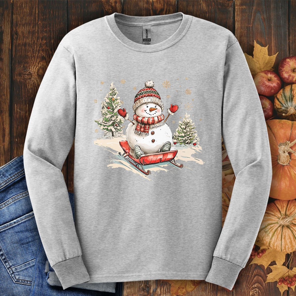 Vintage Sledding Snowman Long Sleeve Tee