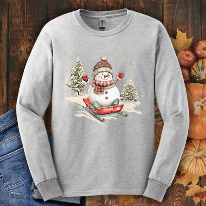 Vintage Sledding Snowman Long Sleeve Tee