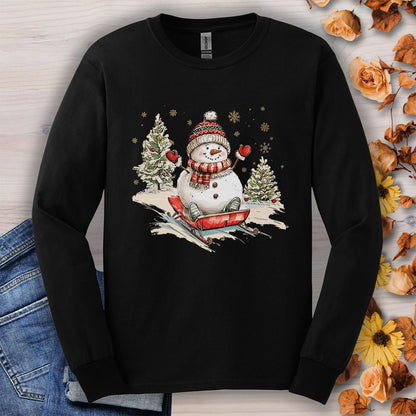 Vintage Sledding Snowman Long Sleeve Tee