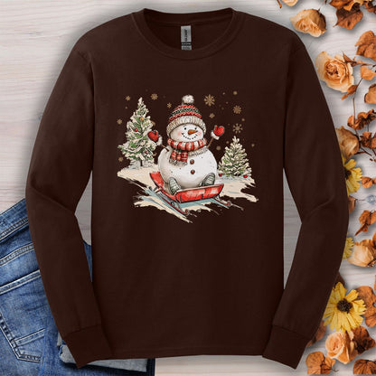 Vintage Sledding Snowman Long Sleeve Tee