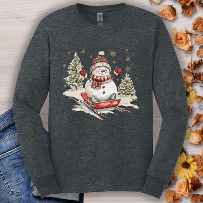 Vintage Sledding Snowman Long Sleeve Tee