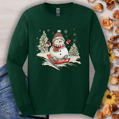 Vintage Sledding Snowman Long Sleeve Tee