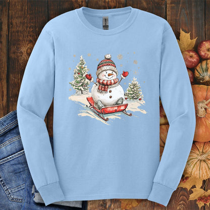 Vintage Sledding Snowman Long Sleeve Tee
