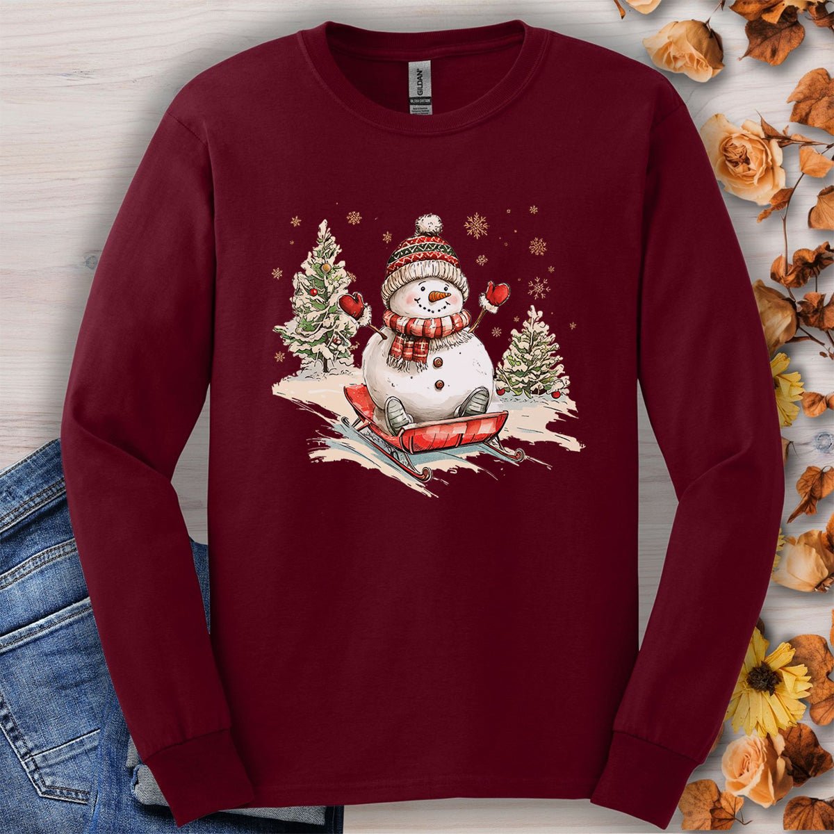 Vintage Sledding Snowman Long Sleeve Tee