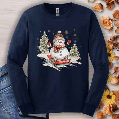 Vintage Sledding Snowman Long Sleeve Tee