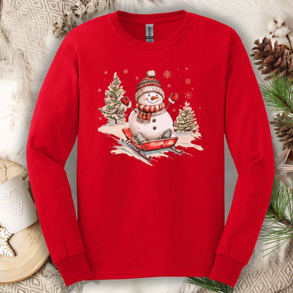 Vintage Sledding Snowman Long Sleeve Tee