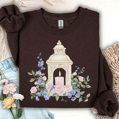 Dark Chocolate Vintage Spring Garden Lantern Sweatshirt with embroidered lantern and watercolor roses.