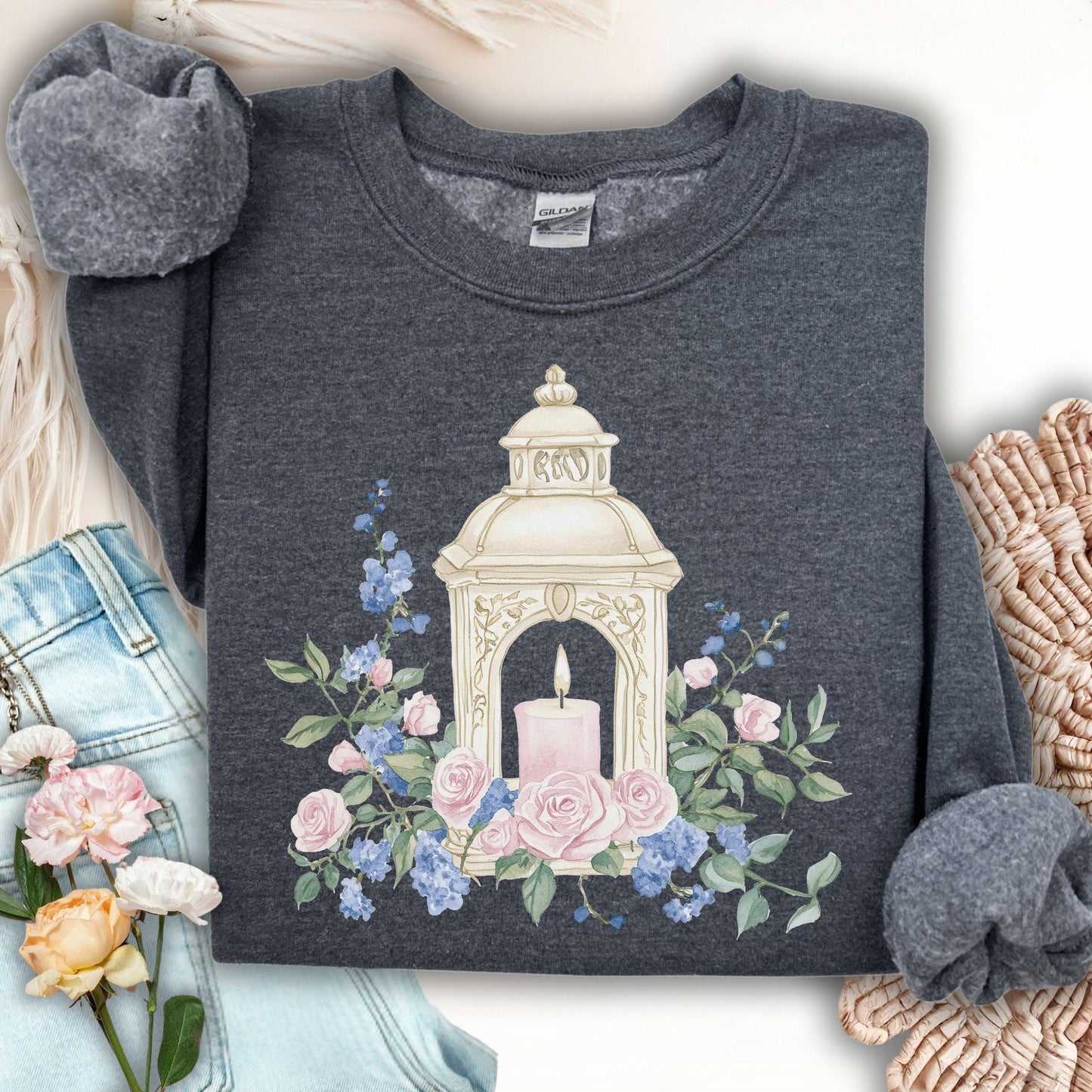 Dark Heather sweatshirt with an embroidered vintage lantern, pink candle, and watercolor roses.