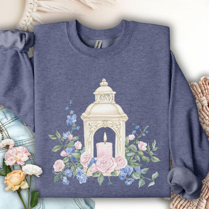 Heather Sport Dark Navy sweatshirt with a vintage lantern and watercolor-style pink and blue roses.