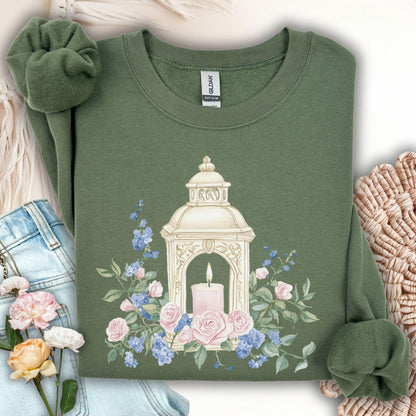 Military Green sweatshirt with a vintage lantern and watercolor-style roses and sprigs design.