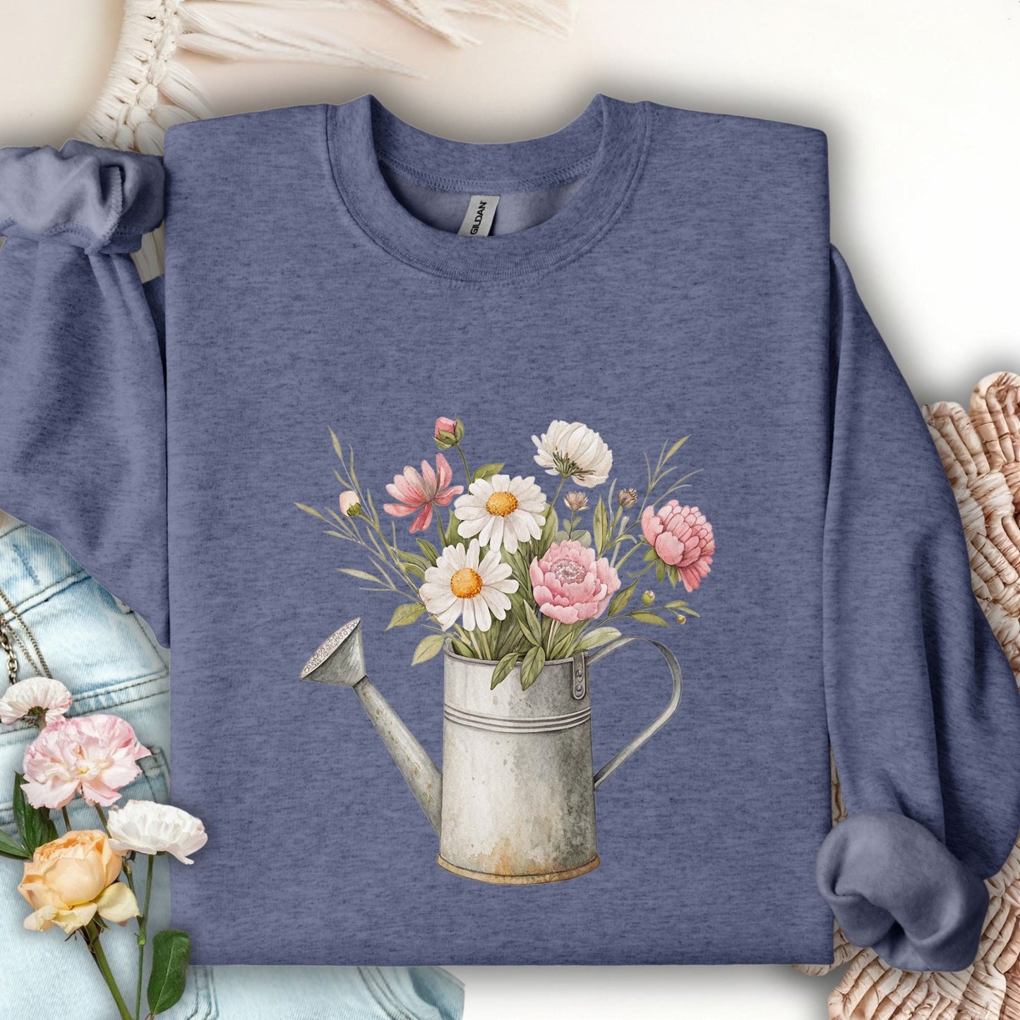 Heather Sport Dark Navy sweatshirt with vintage watering can and mixed spring flowers.
