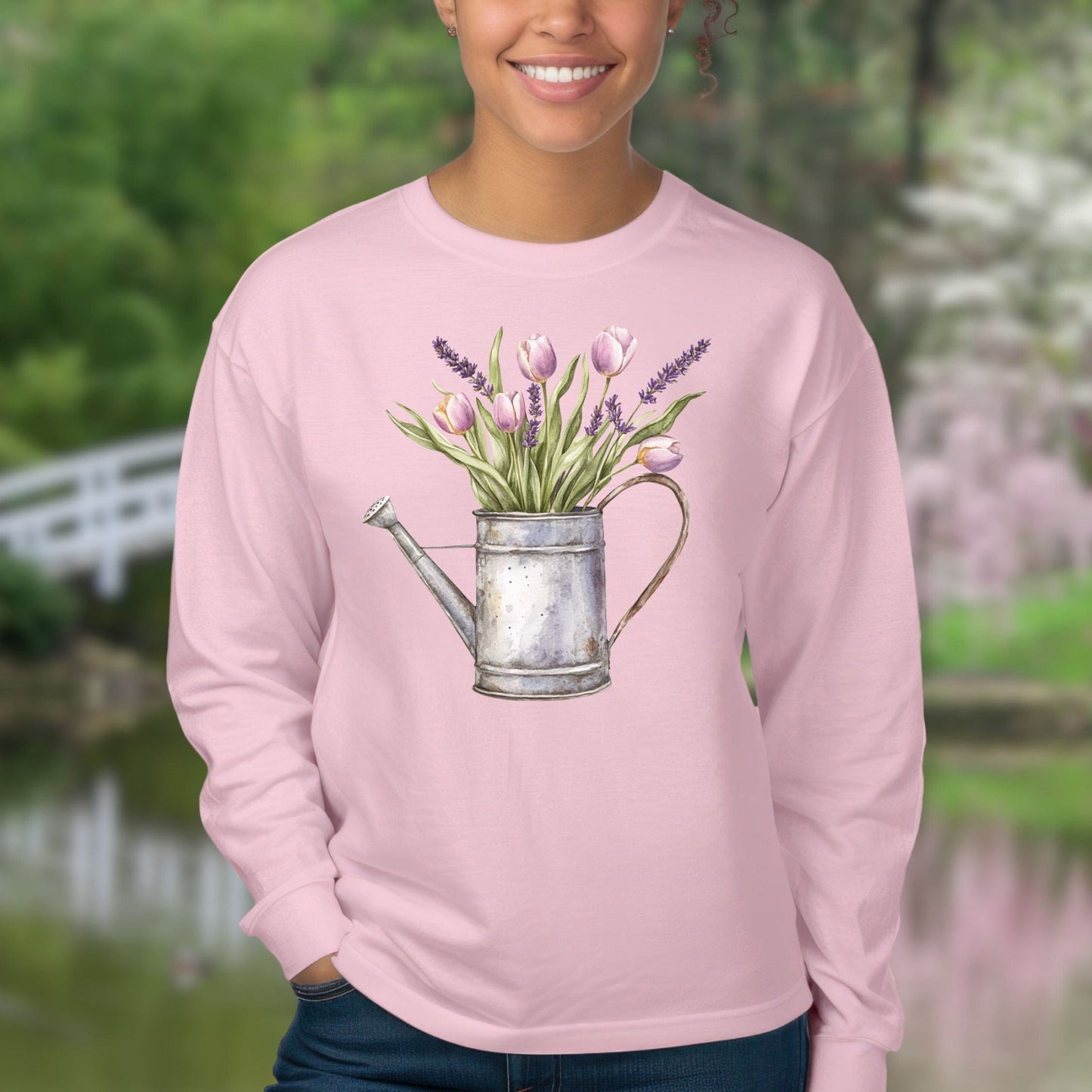 Vintage Watering Can with Spring Tulips Long Sleeve Tee