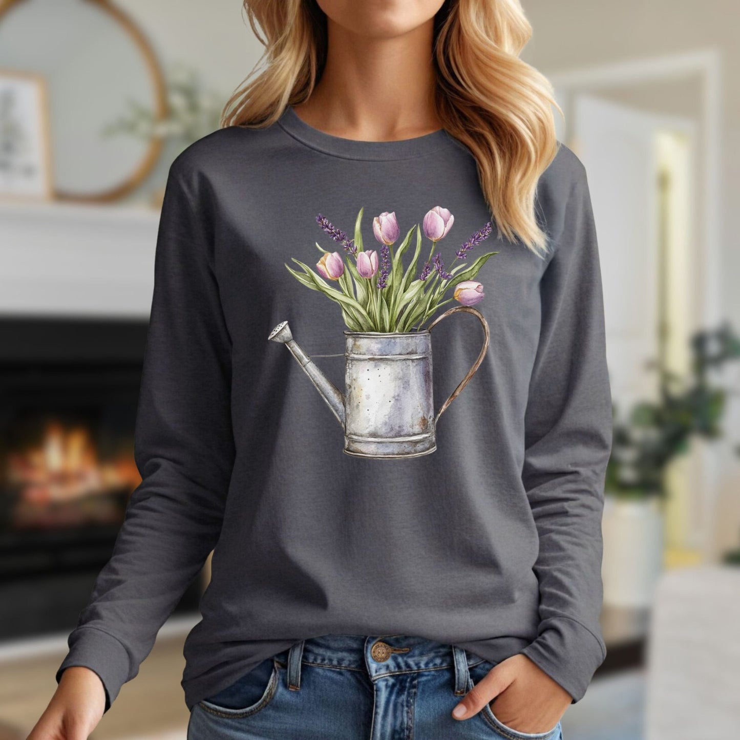 Vintage Watering Can with Spring Tulips Long Sleeve Tee