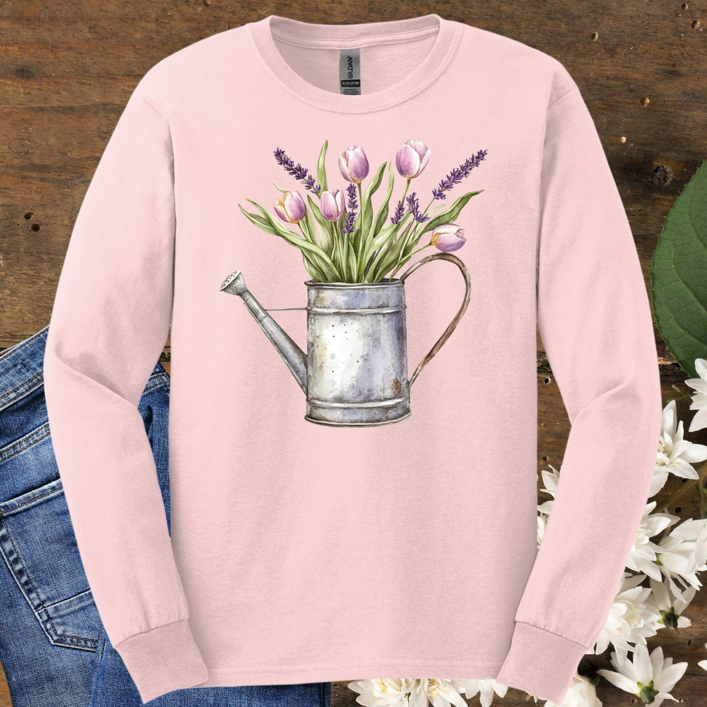 Vintage Watering Can with Spring Tulips Long Sleeve Tee