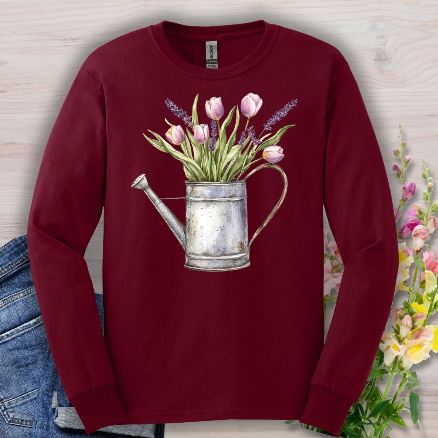 Vintage Watering Can with Spring Tulips Long Sleeve Tee