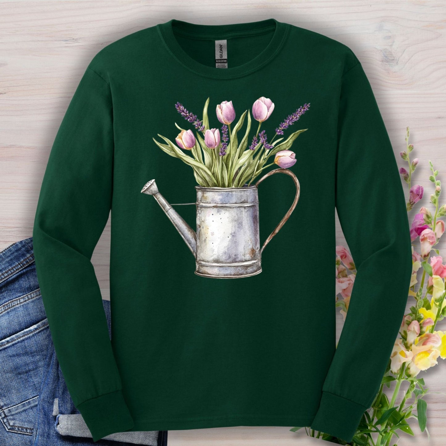 Vintage Watering Can with Spring Tulips Long Sleeve Tee