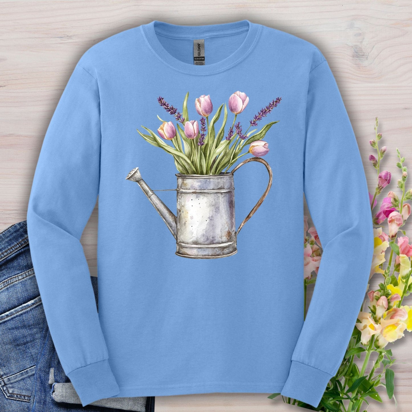 Vintage Watering Can with Spring Tulips Long Sleeve Tee