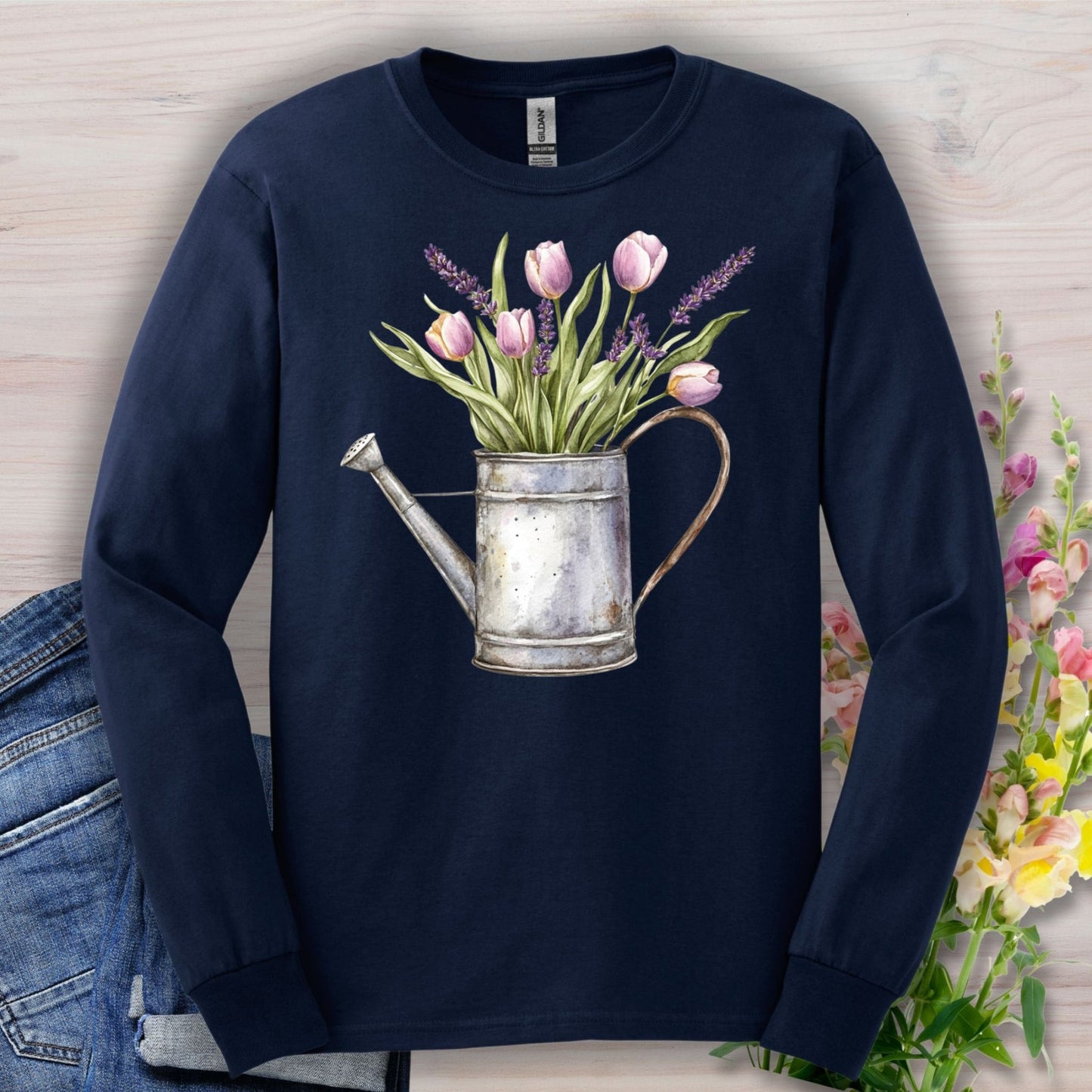 Vintage Watering Can with Spring Tulips Long Sleeve Tee