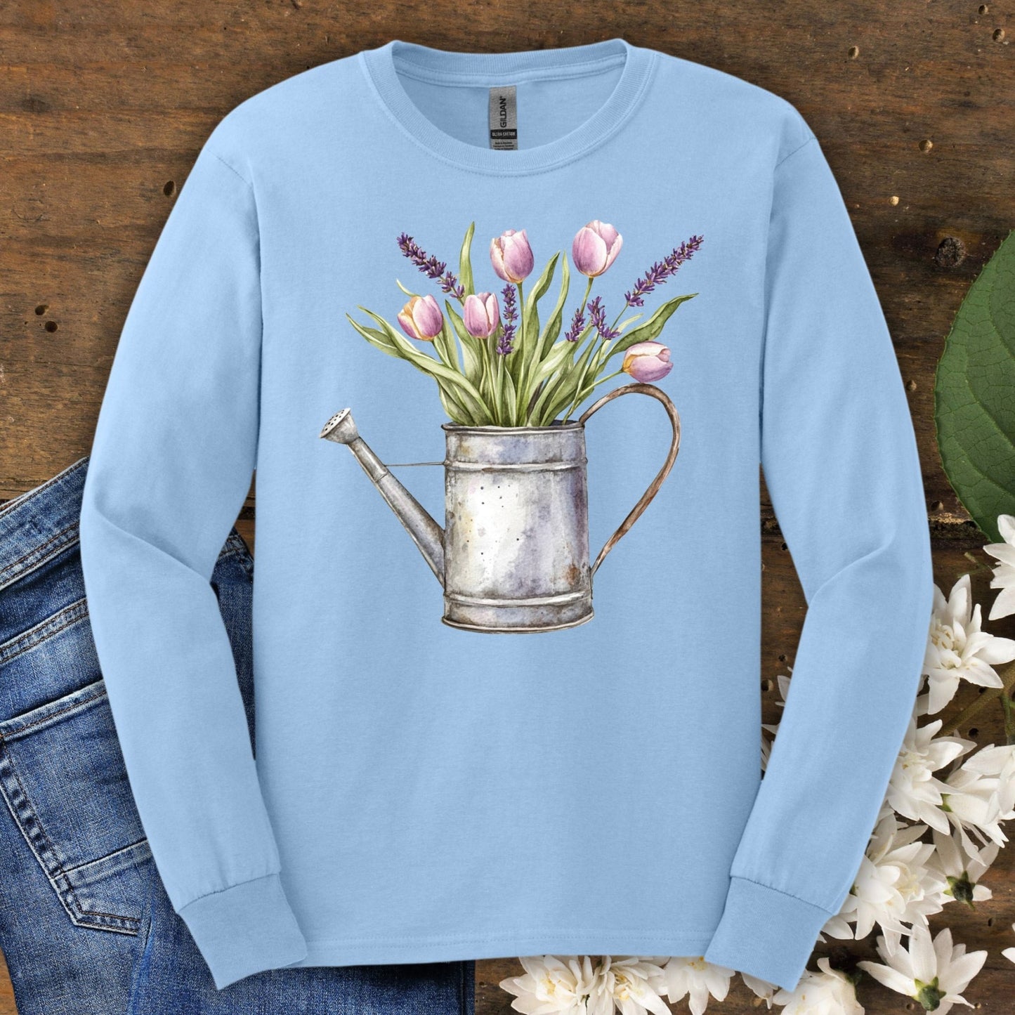 Vintage Watering Can with Spring Tulips Long Sleeve Tee