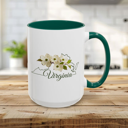15oz white ceramic mug with green handle and interior, featuring Virginia state outline and dogwood flowers.