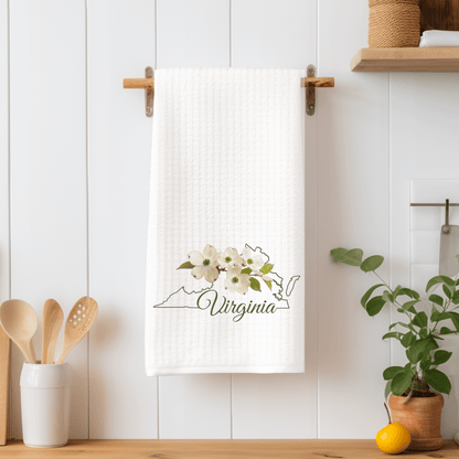 White microfiber Virginia state map tea towel with dogwood floral design, 16"x25".