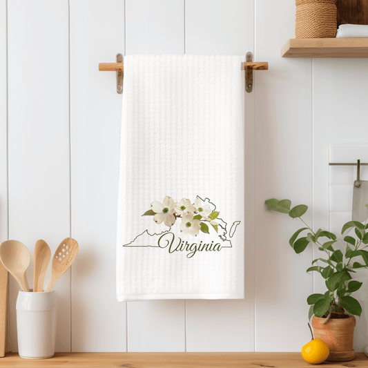 White microfiber Virginia state map tea towel with dogwood floral design, 16"x25".