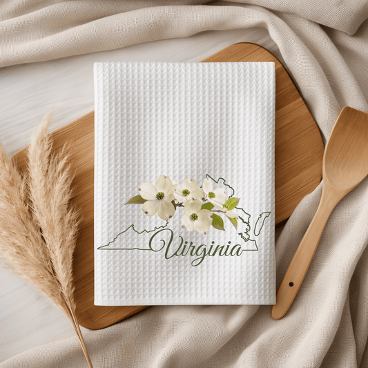 White waffle-knit microfiber tea towel with a green Virginia state map and dogwood floral design.