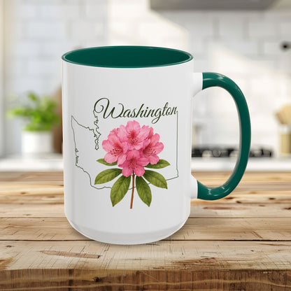 15oz white ceramic mug with green handle and interior, featuring a pink rhododendron and Washington state outline.