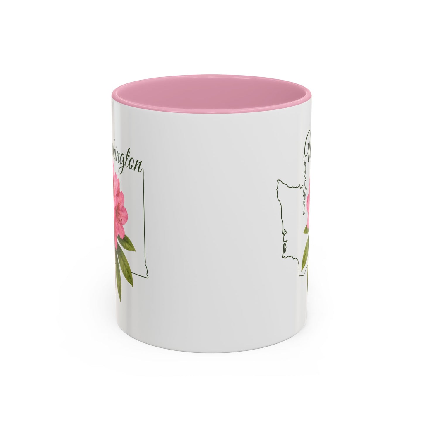 White ceramic mug with pink interior and handle, featuring a Washington state outline and a blooming pink rhododendron.