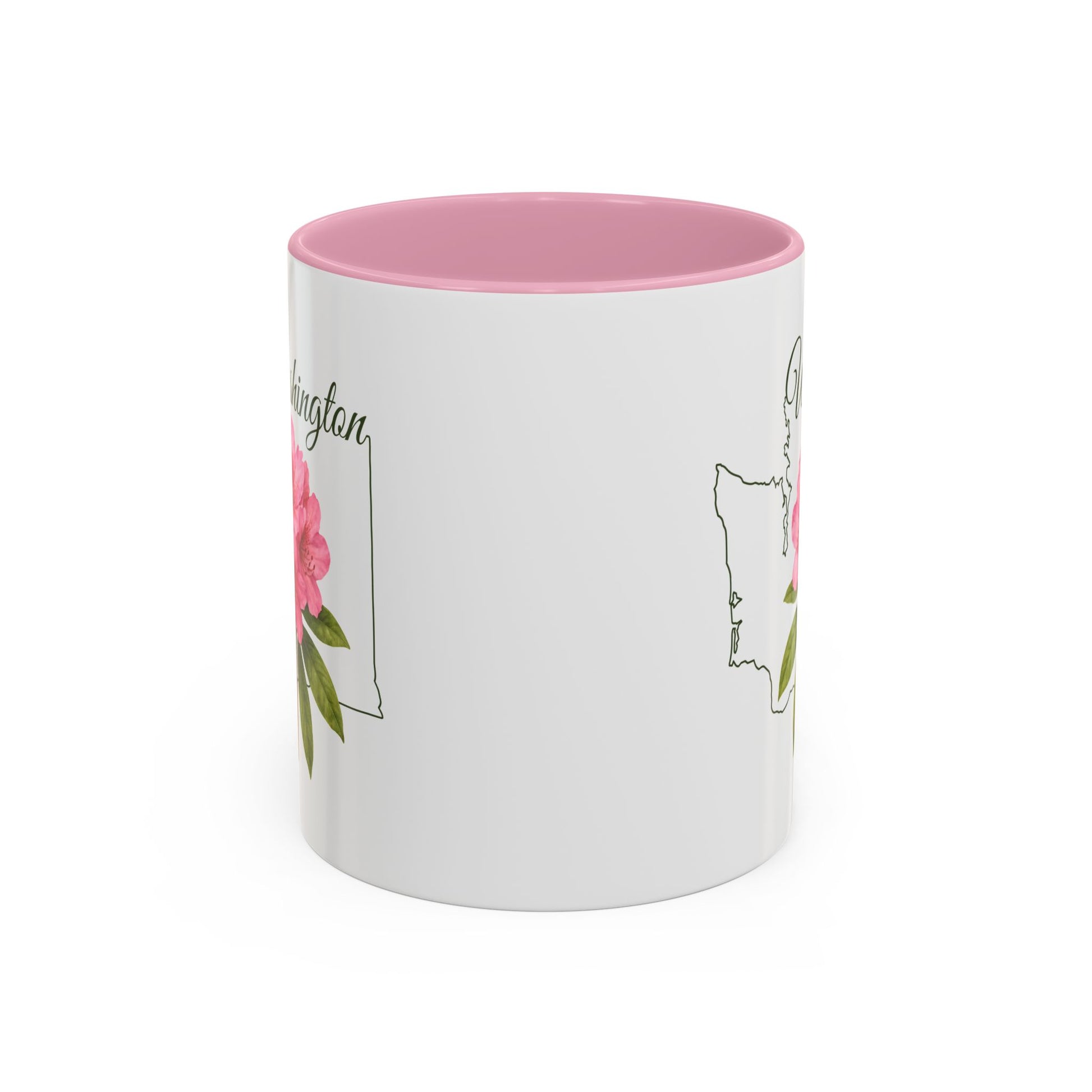 White ceramic mug with pink interior and handle, featuring a Washington state outline and a blooming pink rhododendron.