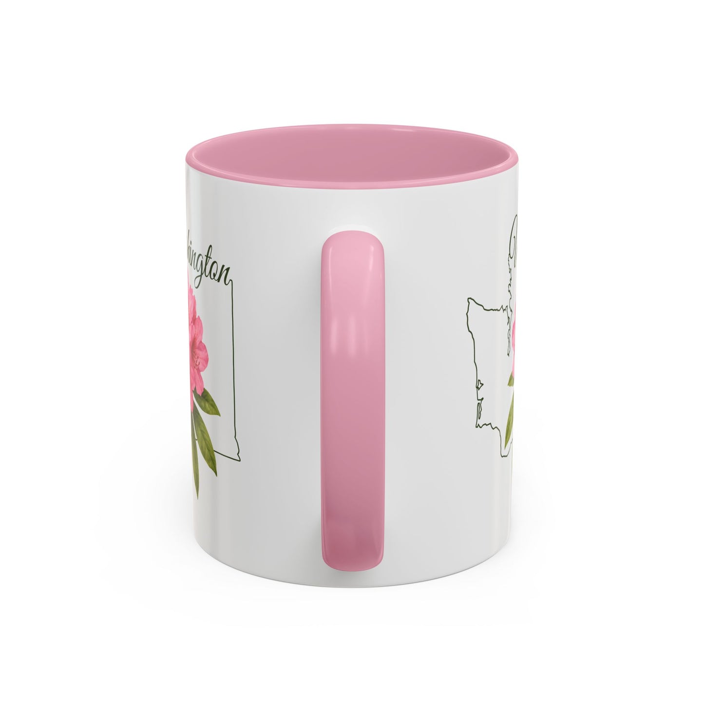 White ceramic mug with pink interior and handle, featuring a hand-drawn Washington outline and pink rhododendron.