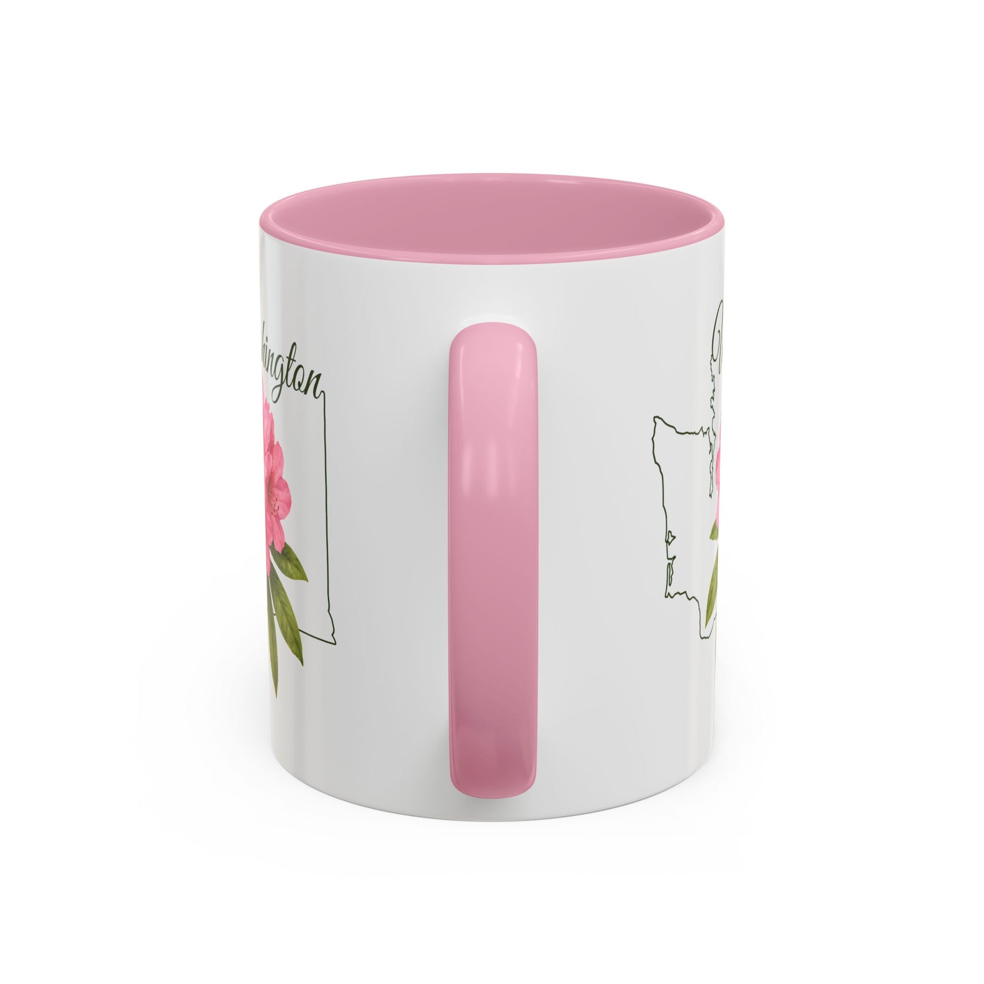 White ceramic mug with pink interior and handle, featuring a hand-drawn Washington outline and pink rhododendron.