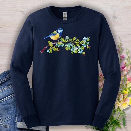 Watercolor Blue Bird on Branch Long Sleeve Tee