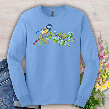 Carolina Blue long sleeve tee with a watercolor blue bird on a budding branch design.