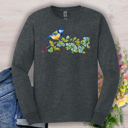 Dark Heather long sleeve tee with a watercolor blue bird on a budding branch design.