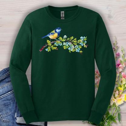 Forest Green long sleeve tee with a watercolor blue bird on a budding branch design.