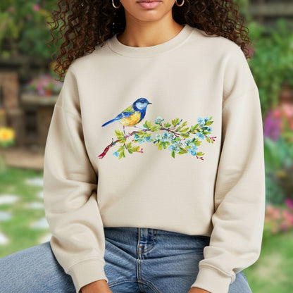 Watercolor Blue Bird on Branch Sweatshirt