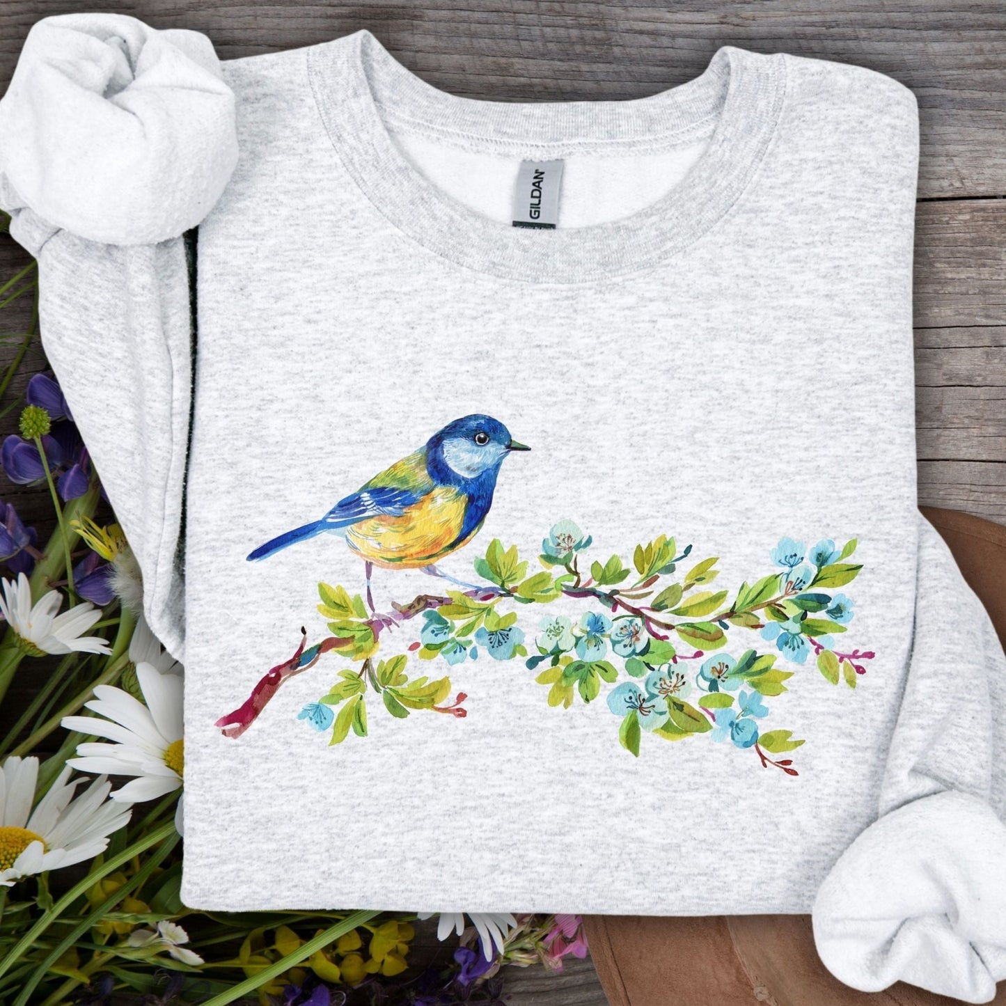 Watercolor Blue Bird on Branch Sweatshirt