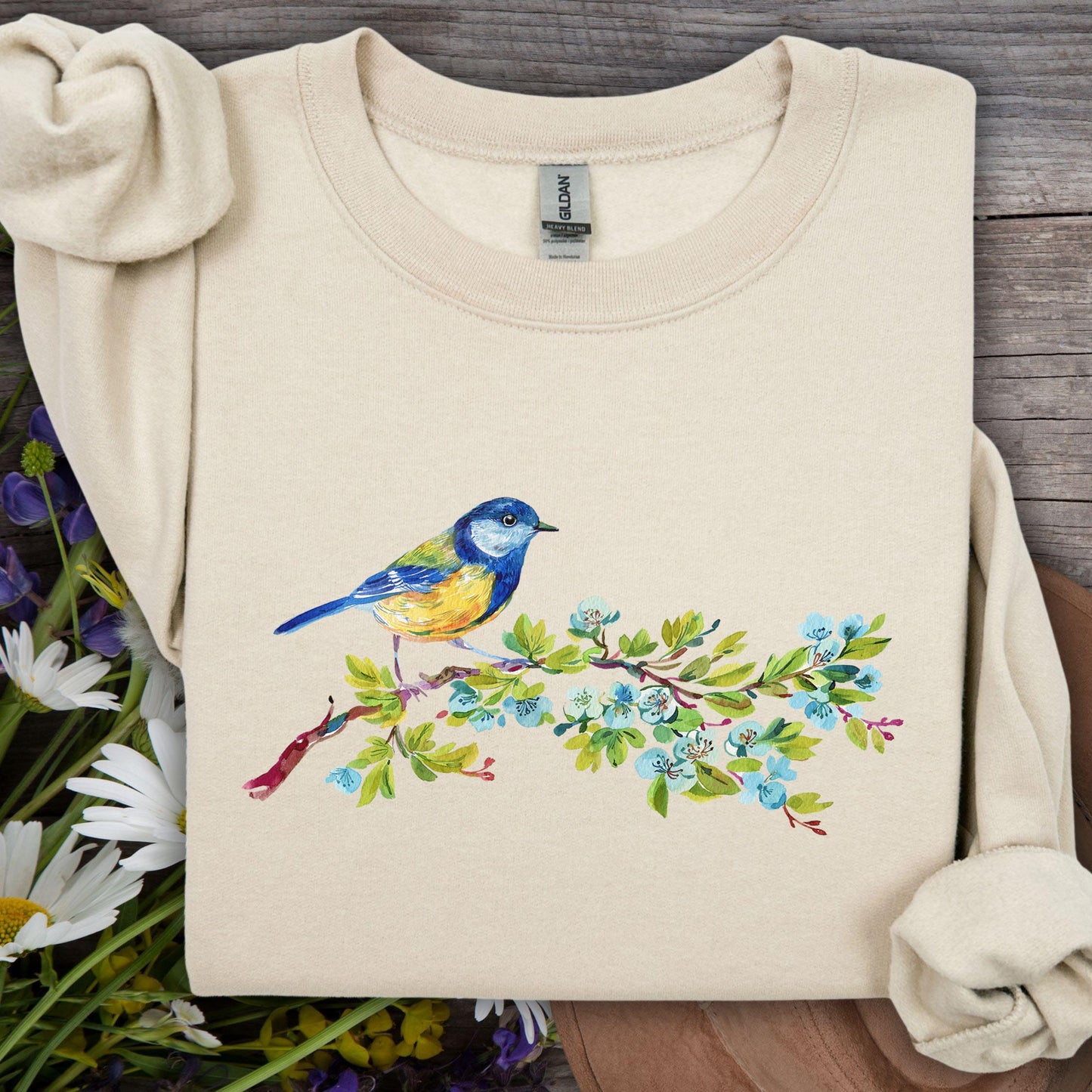 Watercolor Blue Bird on Branch Sweatshirt